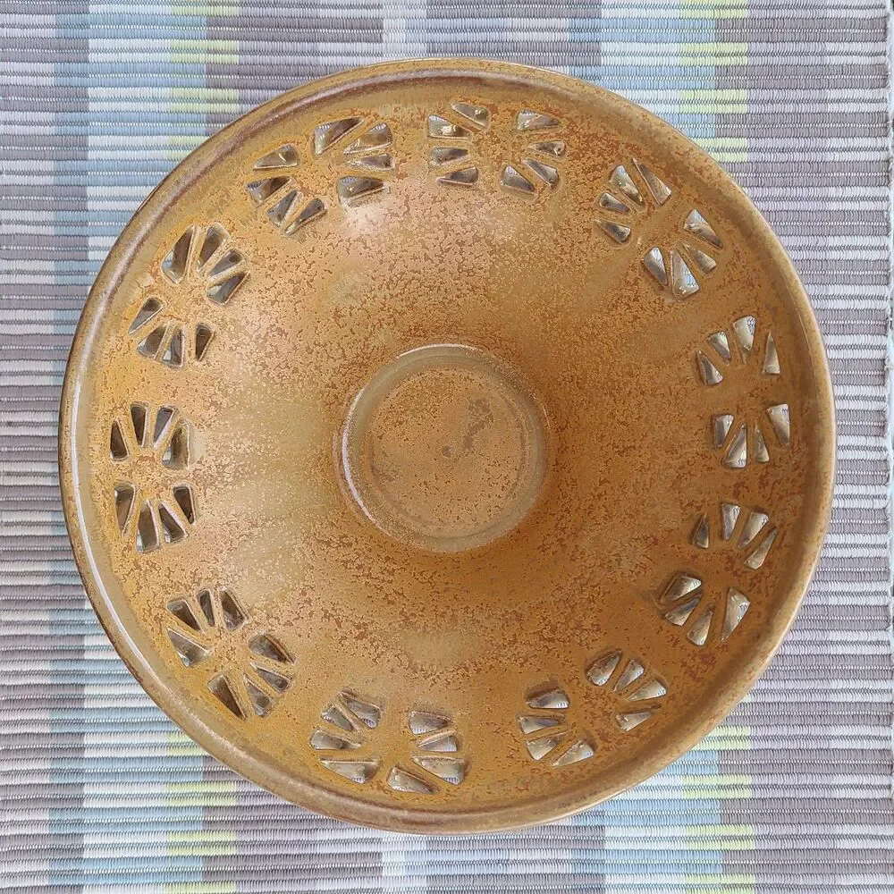Vintage Clay Pottery Reticulated Bowl Earth-Tone Colors Handmade Artisan Pottery